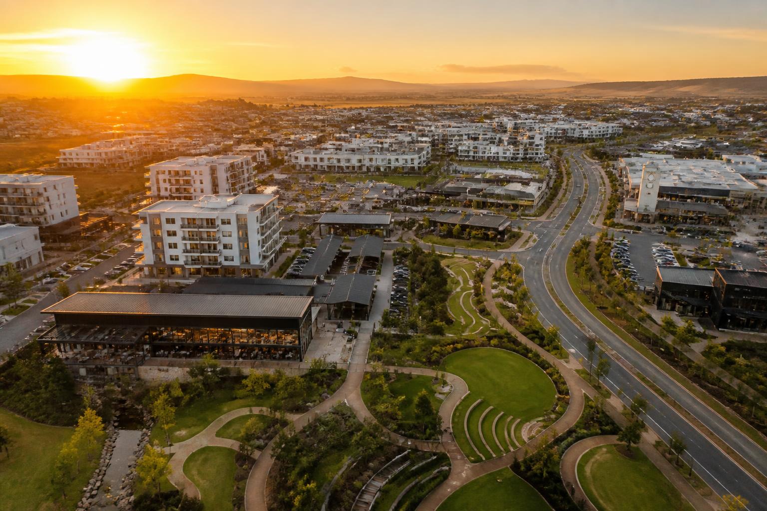 Aerial view of a planned mixed-use development at golden hour