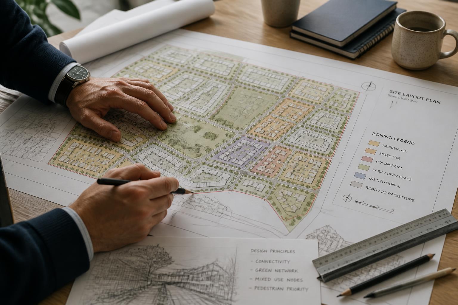 Planner reviewing a site layout and zoning legend